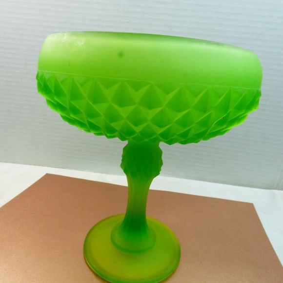 Indiana Glass Candy Dish Pedestal Bowl Green Footed Frosted Diamond Point - Picture 8 of 10